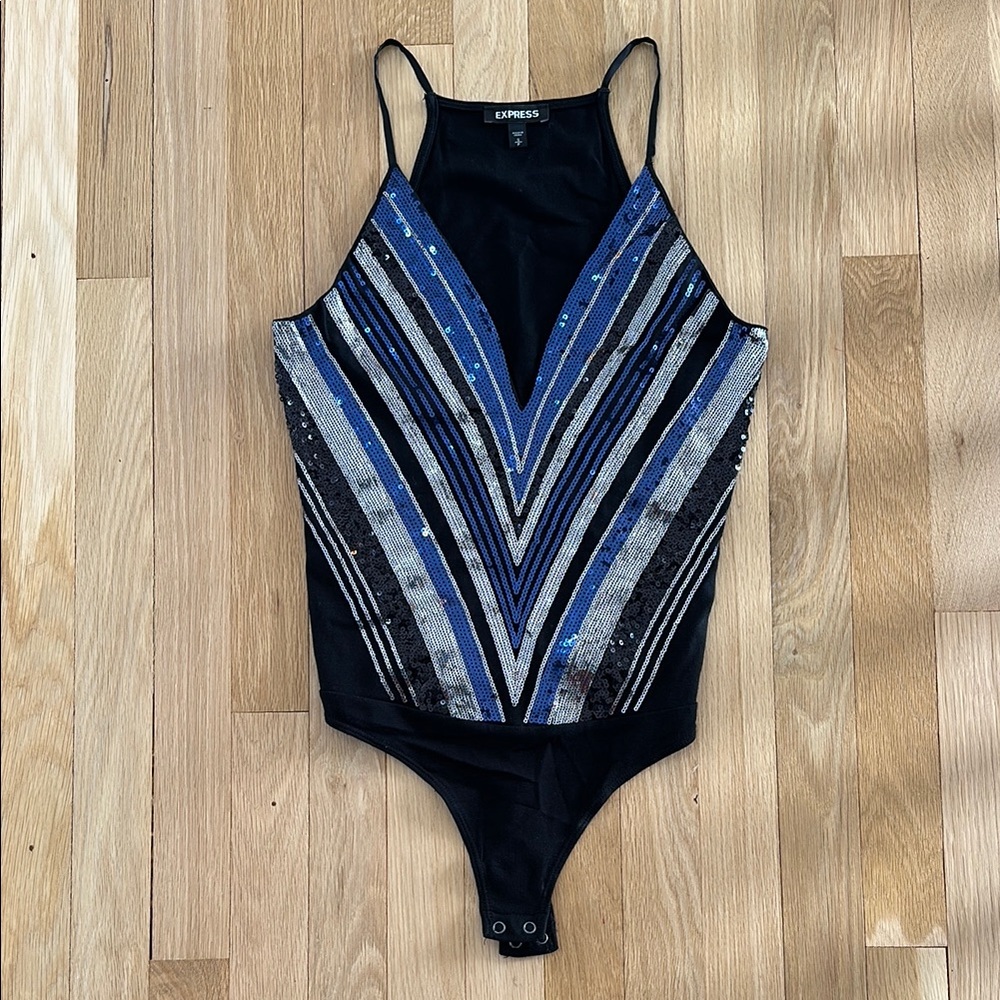 Express Black and Blue Sequin Bodysuit